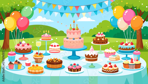 Vibrant Outdoor Party Dessert Table with Assorted Cakes, Cupcakes, and Sweet Treats. Celebration, Birthday, or Event Illustration.