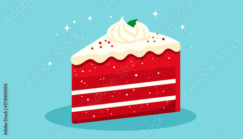 Sweet Red Cake Slice Illustration with Cream and Sprinkles on Blue Background