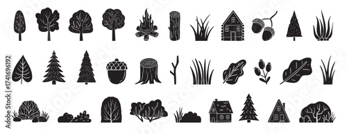 Scandinavian boho forest silhouette isolated elements. mystical and elegant collection various plants forest. Trees, bush, grass, logs, leaves