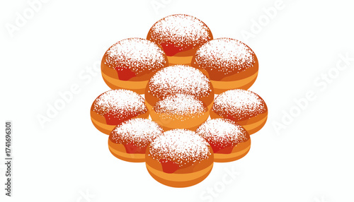 Group of golden donuts with powdered sugar. Classic sweet pastry vector illustration for bakery, dessert, and celebration.