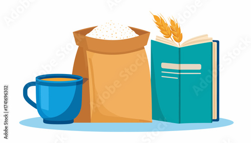 Baking ingredients: Flour bag, coffee mug, and book with wheat. Culinary education and comfort concept.