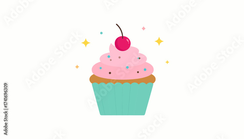 Sweet Pink Frosted Cupcake with Cherry and Sprinkles Illustration