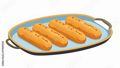 Four Golden Eclairs on a Blue Serving Tray, Delicious Dessert Illustration