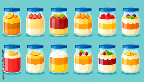 Colorful Layered Fruit Desserts in Glass Jars. Cartoon Vector Illustration of Parfaits, Yogurt, and Jam.