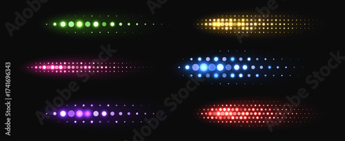 Colorful halftone shapes, glowing dynamic elements made from sparkling dots. Glowing vector illustration with spray effect.