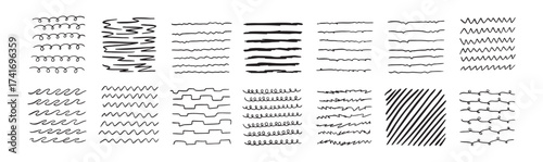 Lines by pen Hand drawn black Doodle strokes, underlines by pencil. Brush scribbles, frames, borders, design elements.