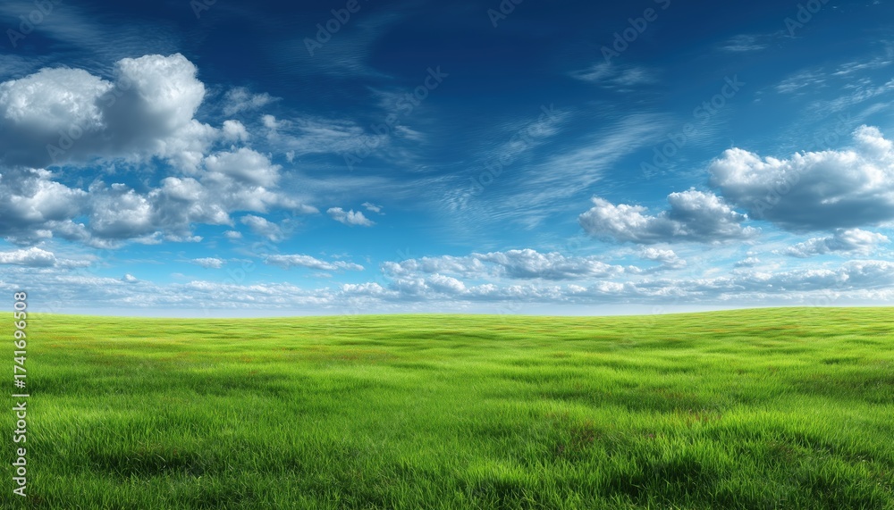 Obraz premium Refreshing And Comfortable Feeling Provided By Panorama Of Green Grass Field And Blue Sky With White Clouds In Outdoor Landscape
