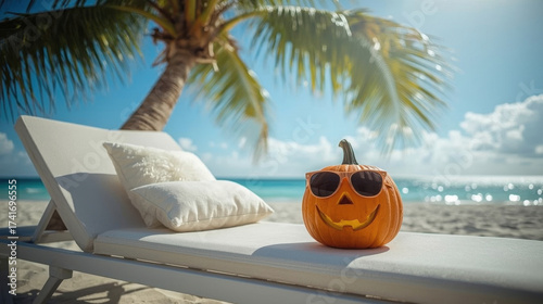 Fototapeta Naklejka Na Ścianę i Meble -  Jack-o'-lantern wearing sunglasses rests on a sunbed beside a palm tree, with a tropical beach and ocean in the background, creating a fun and festive Halloween celebration atmosphere