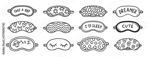 cute sleeping mask doodle hand drawn icon set. Outline drawing line clipart symbol collection