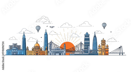 Kolkata Skyline Line Art Illustration of the City's Landmarks