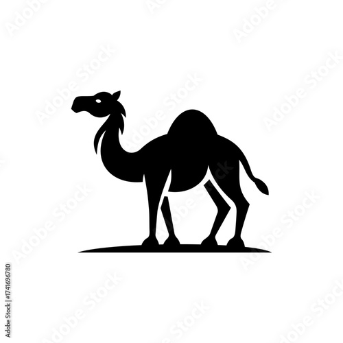Silhouette logo of a camel standing on desert ground with elegant minimal style
