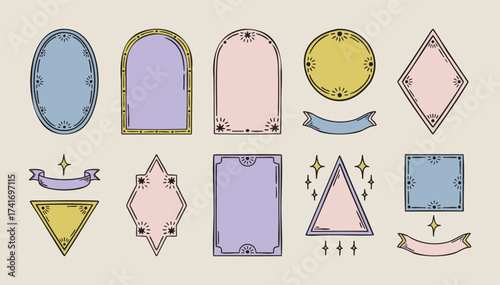 Thin line mystical frames set with stars, medieval boho accents, hand drawn