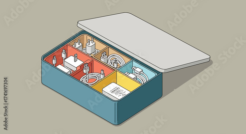 Isometric illustration of an open storage box with organized electronic cables, chargers, and adapters