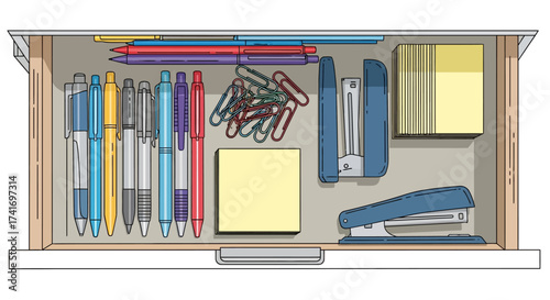 Organized Desk Drawer with Office Supplies. Top-down view of pens, staplers, paper clips, and sticky notes neatly arranged in a wooden drawer.