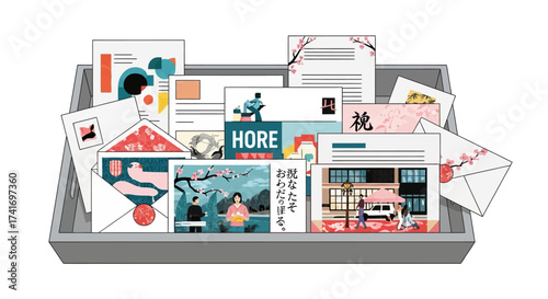 Assortment of letters and postcards in a tray, featuring Japanese-inspired designs and illustrations. Global communication concept.
