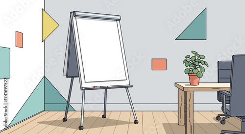 Empty modern meeting room with flip chart, office desk, and colorful geometric wall art. Workspace illustration.