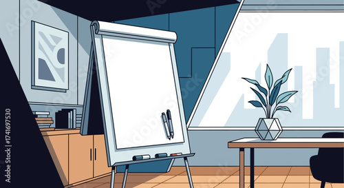 Modern office meeting room with blank flip chart, desk, and city view. Corporate interior for presentations or brainstorming.