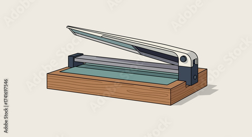 Classic Manual Paper Cutter Illustration. Guillotine Paper Trimmer with Wooden Base. Office and Craft Tool Vector Art.