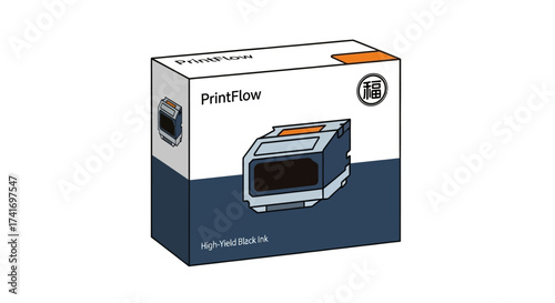 Printer ink cartridge packaging box. High-yield black ink supply for office and home printing. Vector illustration.