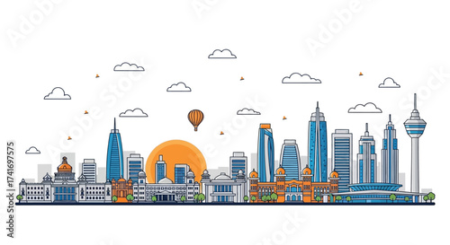 Modern flat line art illustration of the Kuala Lumpur, Malaysia skyline featuring iconic architectural landmarks and city buildings