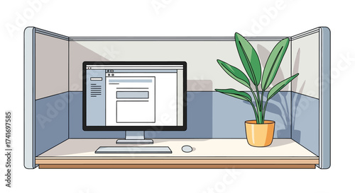 Modern Office Cubicle Workspace Illustration with Computer and Potted Plant. Professional Desktop Environment Vector