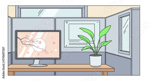 Minimalist Office Cubicle Workspace with Computer Monitor, Cherry Blossoms, and Potted Plant Illustration
