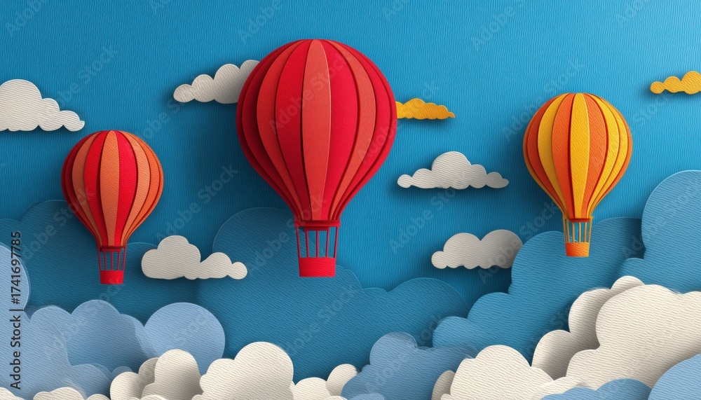 Fototapeta premium Paper Cutout Of Hot Air Balloons Floating Amongst Clouds - A Delicate And Charming Artwork Depicting The Beauty Of Flight.