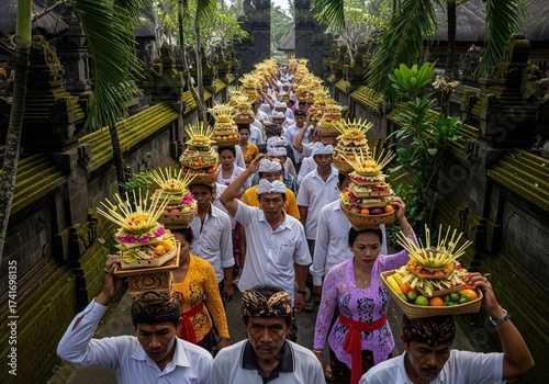 Balinese Procession Carrying Offerings During a Religious Ceremony