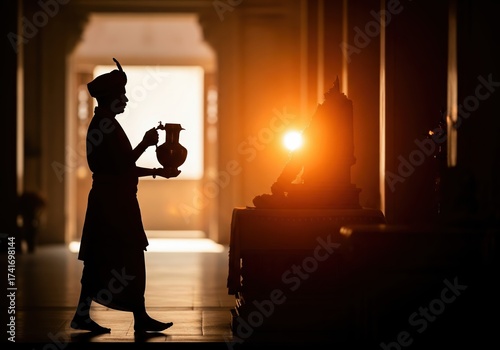 Enigmatic silhouette of a traditional figure performing a sacred ritual within a sunlit temple