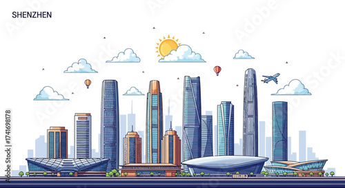 Modern city skyline with famous skyscrapers and architecture. Vector illustration of a futuristic metropolis business district and urban cityscape background