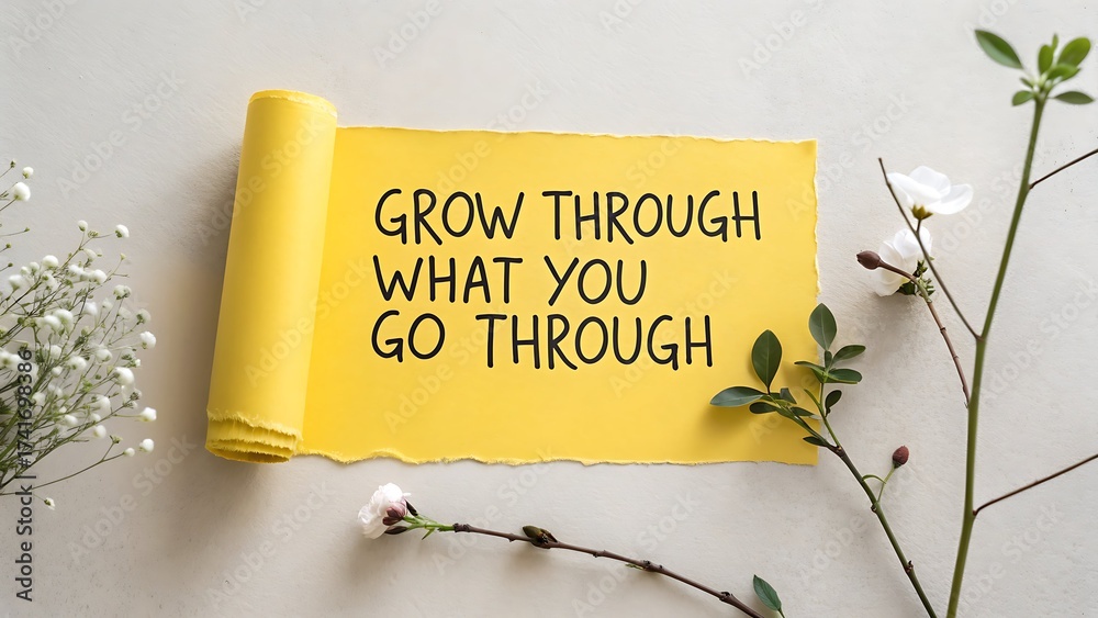 Naklejka premium Yellow paper with motivational quote and floral elements