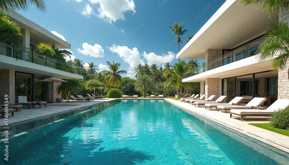 Fototapeta premium Modern luxury villa with long swimming pool, sun loungers and palm trees. Blue water reflects green tropical plants. Sunny day with white clouds.