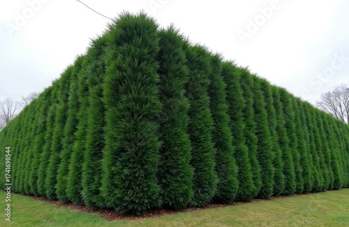 Tall trimmed hedge of evergreen trees forms wall. Plants grow in row on grass. Decorative hedge design for garden landscape. Concept for privacy, boundaries, garden architecture. Well maintained