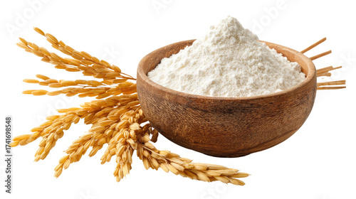 Bowl of Rice Flour with Golden Rice Stalks