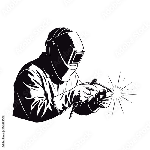 Skilled welder with protective gear expertly crafting metalwork with bright sparks in a monochromatic style for industrial precision and safety focused projects.
