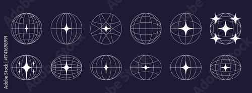 World globe retro grids in oval and round form with stars icons set. earth latitude and longitude line grid. futuristic design elements.