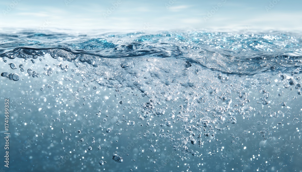 Obraz premium Flowing Oxygen Air Bubbles In White Water: Fizzy Sparkles In Sea, Aquarium, Soda Pop, Champagne, And Effervescent Tablets Undersea Ure.
