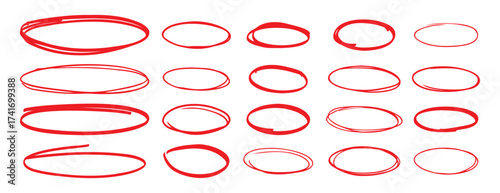 red pen hand drawn doodle marks, red circle and oval stroke set. Outline red drawing line clipart symbol