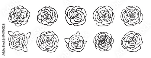Rose bud flower doodle hand drawn icon set. Outline drawing rose bud flower line clipart symbol collection