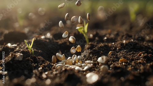 Tiny seeds fall into rich dark soil as young green sprouts emerge in the warm morning sunlight signaling the start of new growth