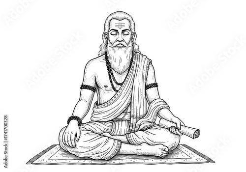 Engraving-Style Illustration of Sage Valmiki in Meditative Pose, Hand-Drawn Vector, Traditional Indian Attire, Black-and-White Line Art