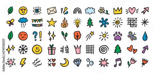 Cute mini doodle icons for primary school, smiles and symbols, colorful, hand drawn