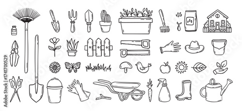 Gardener tools hand drawn doodle icons set. Hobby gardening. Garden items for plant care and backyard cleaning. Garden line clipart.
