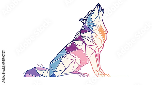 Stylized geometric wolf howling in vibrant gradient colors.