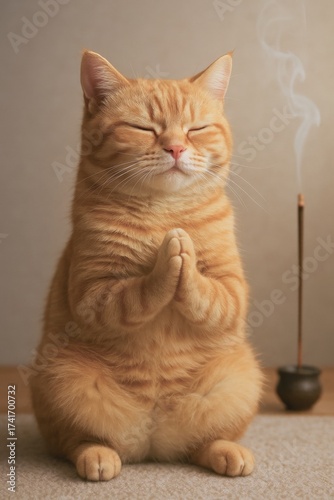 Ginger cat meditating with incense smoke in calm indoor setting