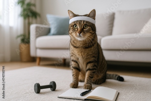Tabby cat wearing headband with dumbbell and notebook in living room workout
