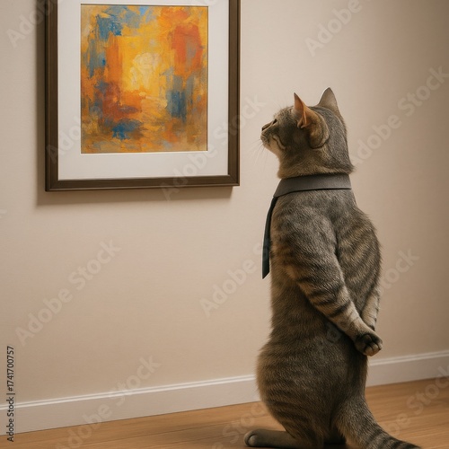 Cat wearing tie looking at abstract painting in modern home interior