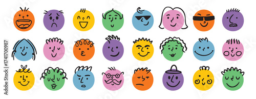 funny comic faces round abstract various emotions set. crayon drawing different colorful characters. cartoon flat design.