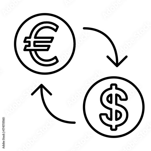 Conceptual illustration of currency exchange, depicting the euro symbol and the dollar symbol in a circular arrow flow, representing financial transactions