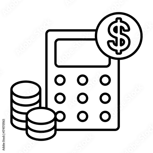 Minimalist vector illustration for financial concepts, depicting a calculator, stacks of coins, and a dollar sign for budgeting and accounting